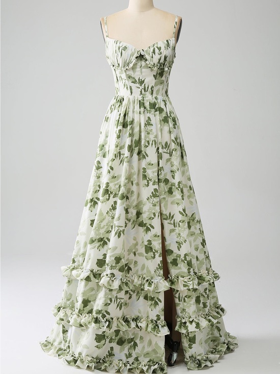 Dresses & Skirts - Green Leaf Print Ruffle Dress
